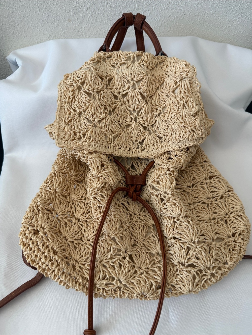 Woven Straw Drawstring Backpack - Beige with Brown Trim
